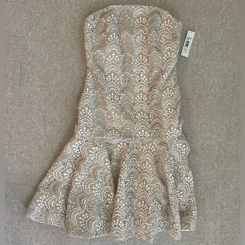 Badgley Mischka Strapless Lace Dress in Cream and White
